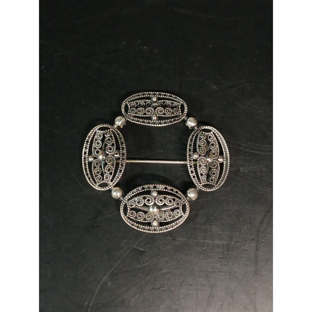 Beau Sterling Silver Filigree Circle Brooch Mid-Century 925